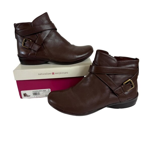 Naturalizer Womens Brown Leather Ankle Booties Size 10W Buckle Accent Comfort - Picture 2 of 14